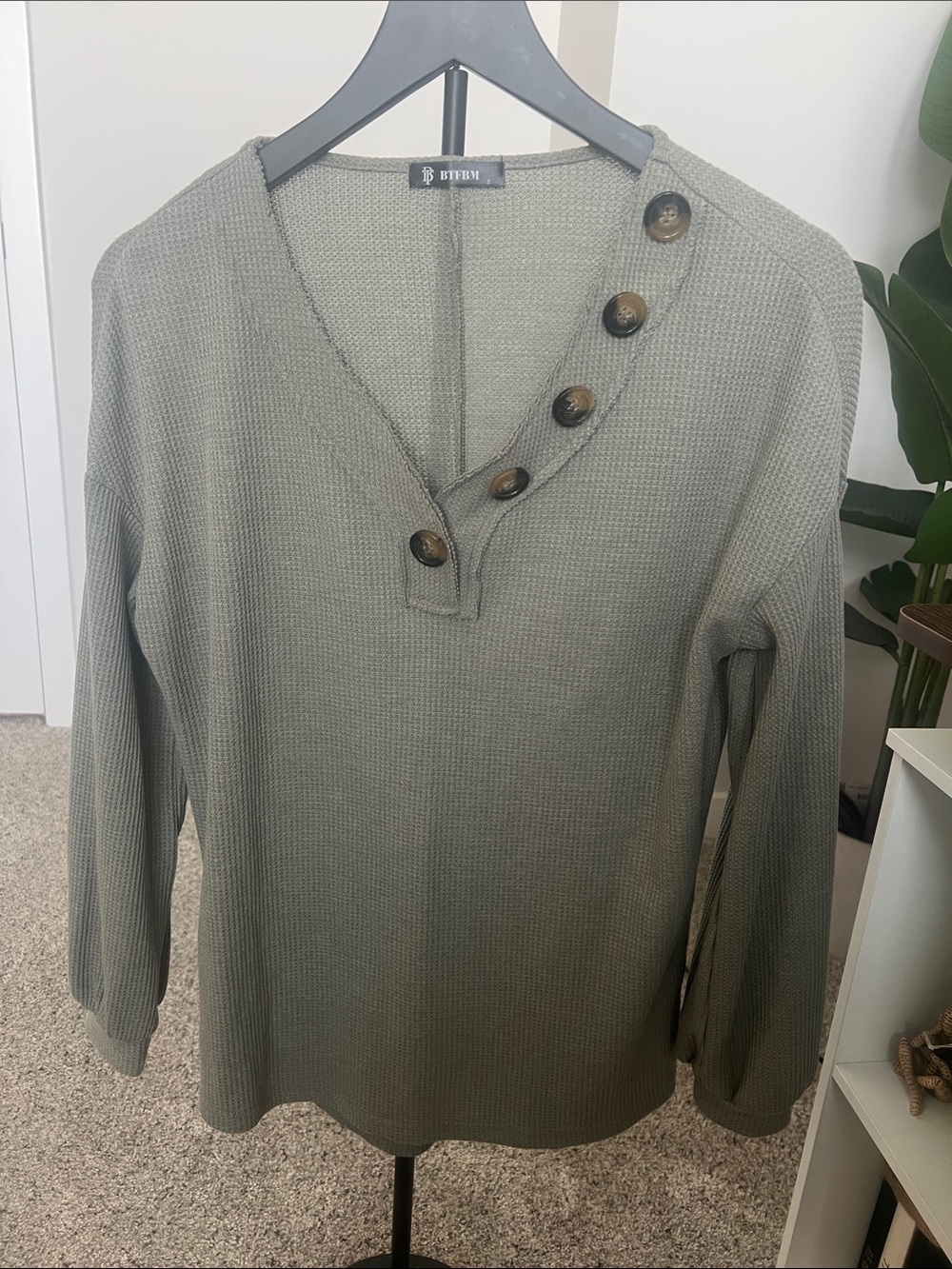 Olive Green Button-Accent V-Neck Sweater